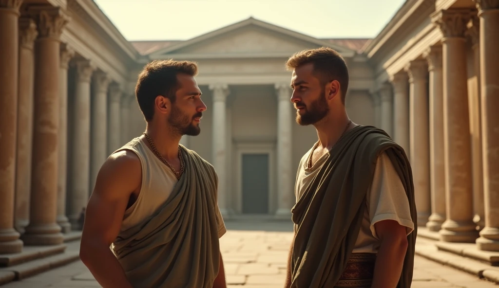 In a grand Roman forum, two male stoic philosophers with well-proportioned, attractive physiques are engaged in a deep and animated discussion. Both men are dressed in classic tunics in muted earthy tones—grey, brown, and olive green—with subtle gold or copper accents. They stand close, leaning slightly towards each other, their body language suggesting a strong, respectful friendship. The camera captures them in a medium shot with the majestic Doric columns and the Forum's grandeur in the background. The warm, golden light highlights their features, while the shallow depth of field focuses on their interaction, subtly hinting at a deep connection without being explicit.