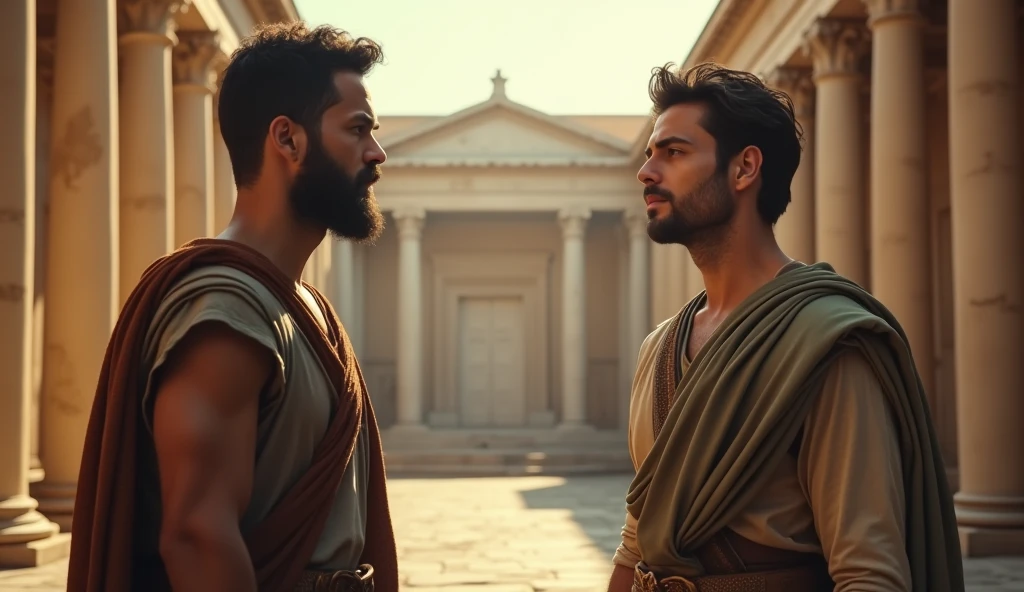 A male stoic philosopher with a well-proportioned, attractive physique stands in the center of a grand Roman forum, engaging in an animated conversation with a trusted companion. The philosopher is dressed in classic tunics in muted earthy tones-grey, brown, and olive green-with subtle gold or copper accents. The camera is positioned at a medium distance, capturing the philosopher and his companion prominently in the center of the frame, with majestic Doric columns and the Forum's grand architecture forming a detailed background. The scene is bathed in warm, golden light, highlighting the philosopher's serene expression and the architectural beauty of the Roman setting. The depth of field is shallow, keeping the focus sharp on the characters while the background columns are softly blurred, emphasizing the historical context and personal connection.