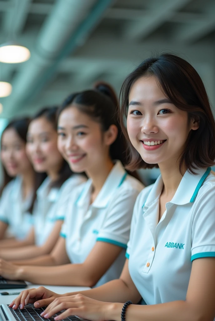 Four beautiful young asia girls with double eyelids are calling customers with softphones. They are wearing white polo shirts with a little bit of turquoise and a small amount of orange. On their chests, they only have the word ABBANK written in capital turquoise without any logo.