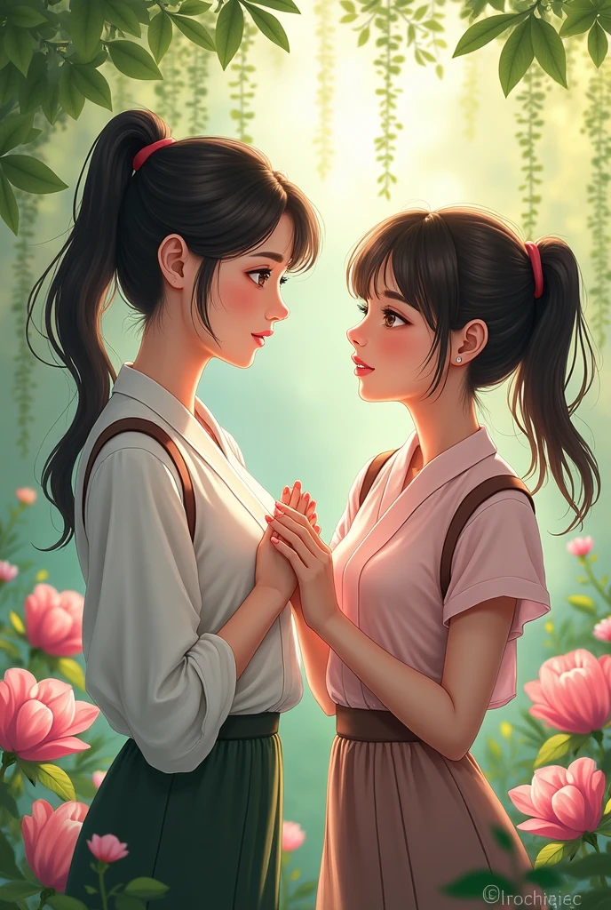 1; The Councilor's hair was tied up high, while hers was in a ponytail.. Short, and pretty roof For the style to see her arrogant but only loving look to her,
She is innocent and cheerful, but not without seriousness.
The scene is in the flower garden of Thuan Viet council house.