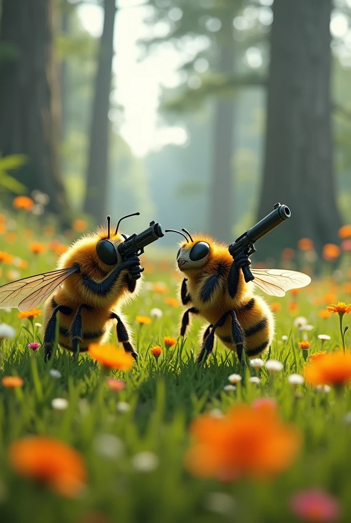 (photorealism:1.2), two realistic bees holding guns in a beautiful field