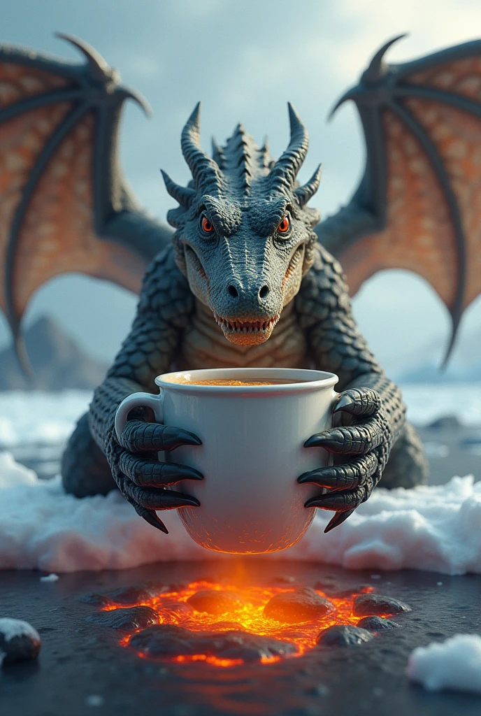 Crocodile swimming in coffee mug which is in hands of a dragon in on top of lava in Antarctica 