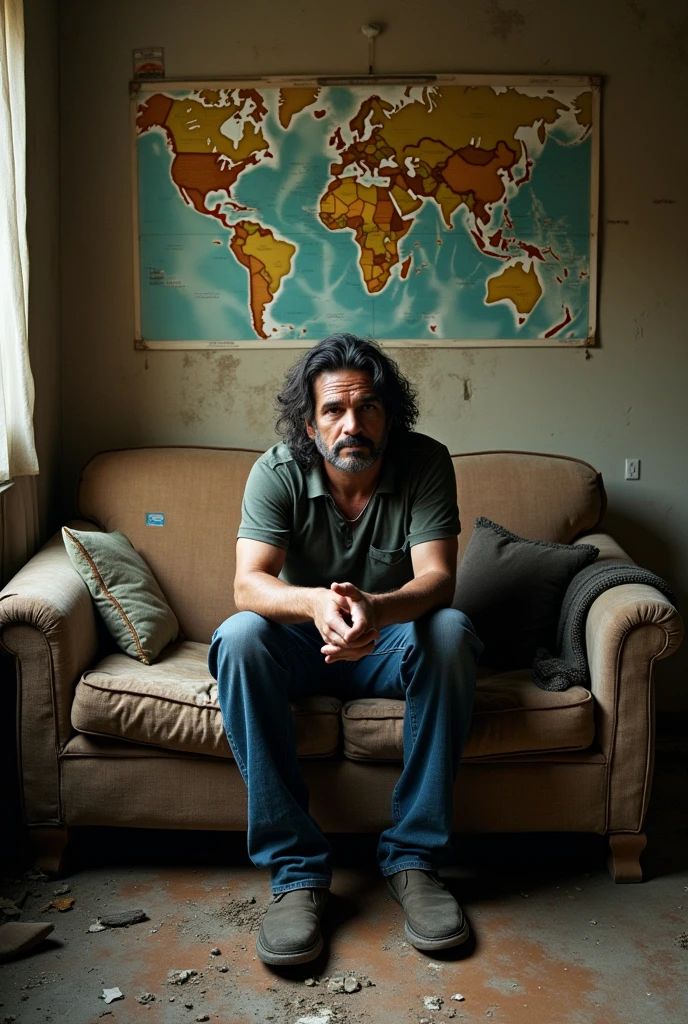Ricardo Arjona sitting on a broken sofa in a small and neglected apartment, but with maps and personal memories on the walls. It is "hole" It&#39;s your home, your world, your refuge.