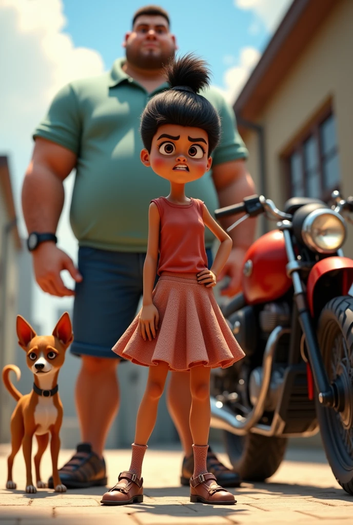 Animated beautiful fashionable angry girl, next to a tall, fat boy in a polo shirt, a brown motorcycle and a big, thin brown Chihuahua dog