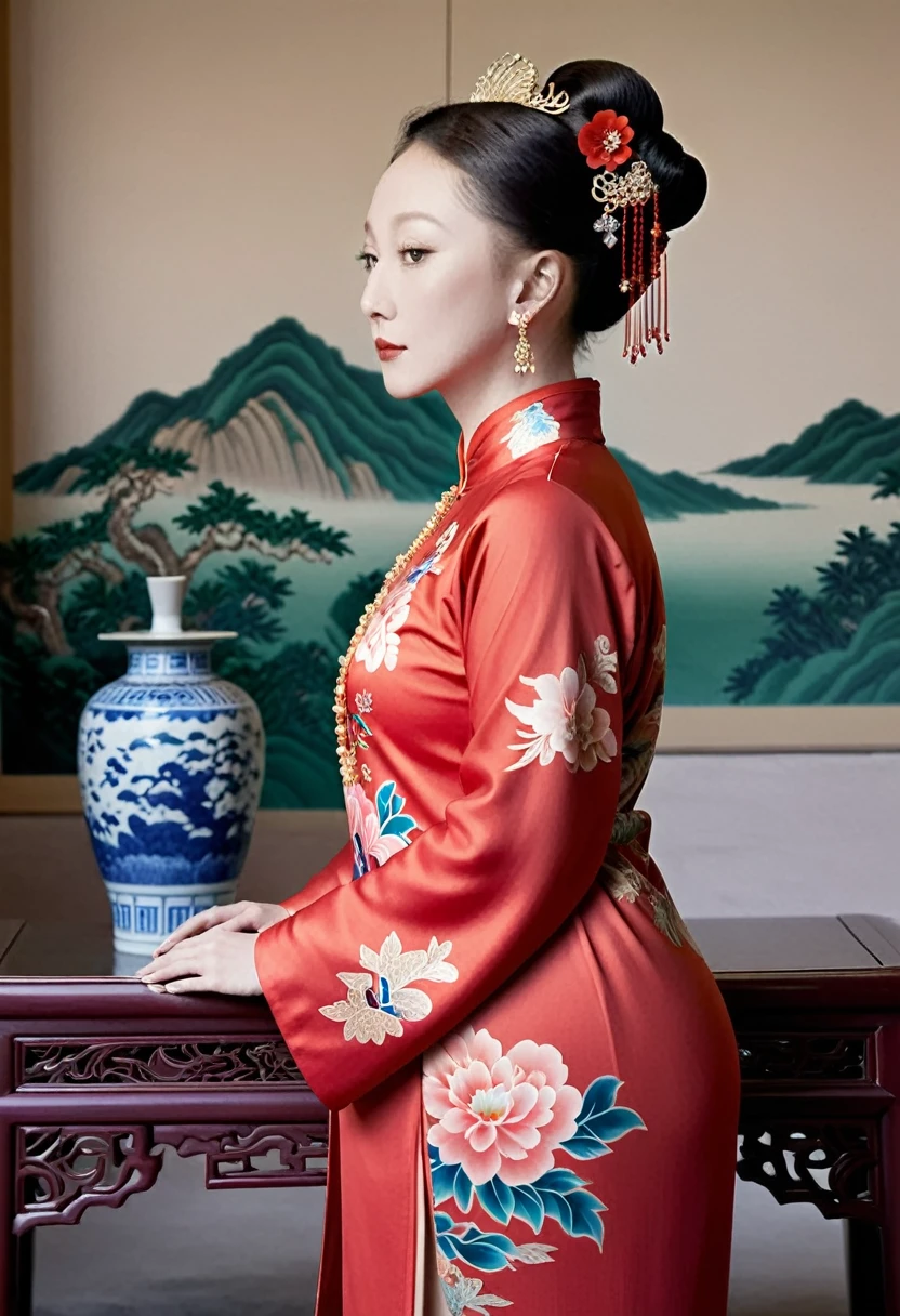 The empress dowager of the Qing Dynasty wears a red floral dress, Completely naked, Her profile is displayed、The butt is sticking out, Posing in the opulent palace of the Qing Dynasty Empress Dowager.