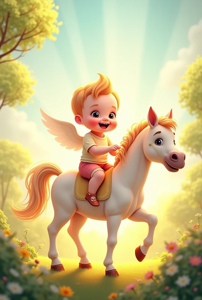 Create an illustration of a cute boy baby riding a beautiful horse, with the name "Vivinsudhan" elegantly placed above them. The scene should be bright and whimsical, with soft, cheerful colors and a touch of magical charm.
