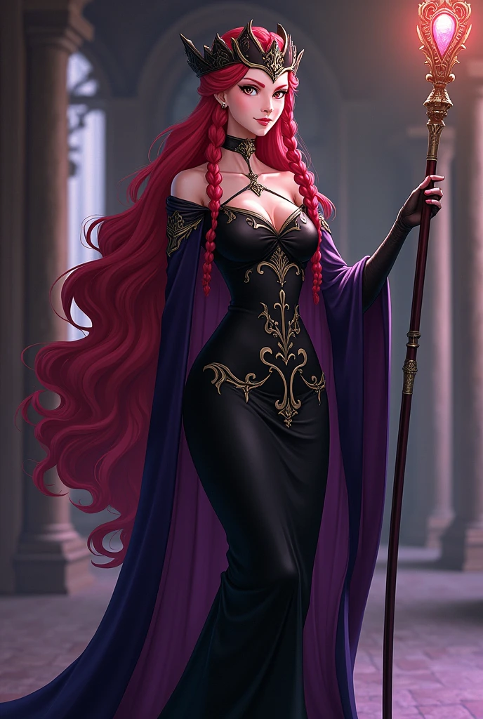 Irene belserion fairy tail, elderly age but still youthful looks , more hot, calming, scarlett hair with long and wavy Braided , wearing Sexy form-fitting, ornate dress with intricate patterns, as black dark purple, ORNATE HEADDRESS , long staff or scepter, 