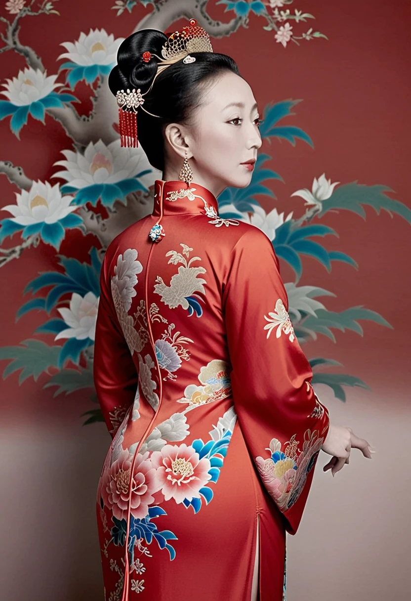 The empress dowager of the Qing Dynasty wears a red floral dress, Completely naked, Her profile is displayed、The butt is sticking out, Posing in the opulent palace of the Qing Dynasty Empress Dowager.