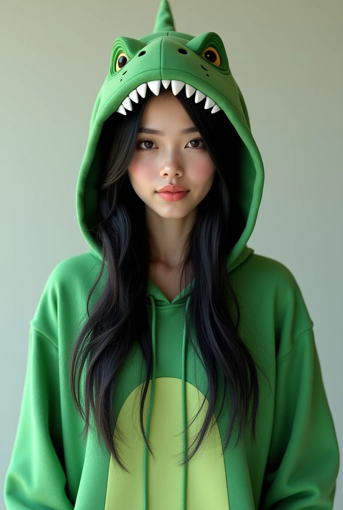 a beautiful woman with black hair and wearing a green t-rex hoodie hat 3d render