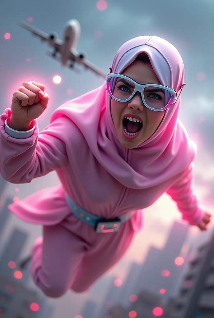 Malaysia women a realistic masterpiece. Human .wear pint watch.. 1girl wearing a hijab, detailed beautiful face, Hijab Muslim. Wear long sleeve modern desigh design pink white mix futuristic. anger face, minimalist flower on shirt. Enger face. Open mouth. Glowing power pink. . Wear pink white.small Safety Pink yellow glasses google spectacle top of the head rubber band. Age 15 year old. Flying position. Fast fly. Panning effect Photography . Jump on and have a super strong power.. punch flying beside big aeroplane . Fight pose. Bokeh background. fist front.. At the city. Bad waether. , detailed lips, long eyelashes. Hero, modest expression, delicate facial features, natural skin tones, , detailed folds and textures of hijab, natural lighting, high quality, photorealistic, 8k, best quality. Malaysia girl. Floating newspaper). Running effect. Glowing yellow power. Runfast effect. Wear blue big glasses big frame. Braces teeth. Boleh background. Panning effect.pink high tech watch. flying high on sky.