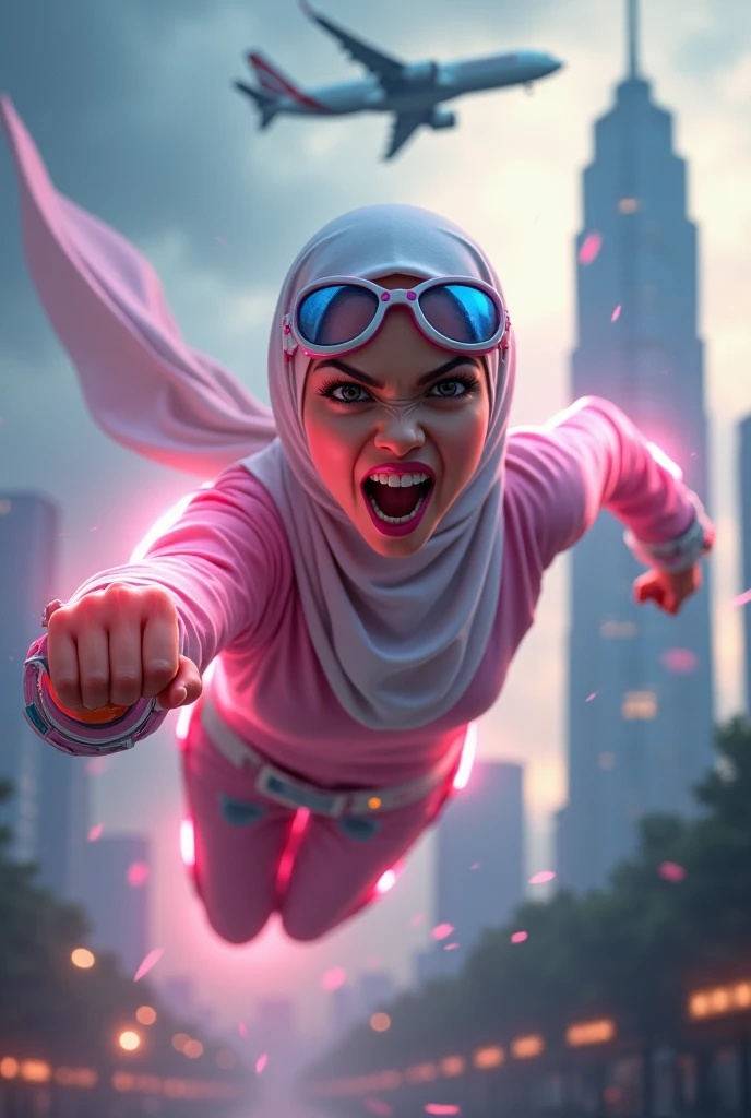 Malaysia women a realistic masterpiece. Human .wear pint watch.. 1girl wearing a hijab, detailed beautiful face, Hijab Muslim. Wear long sleeve modern desigh design pink white mix futuristic. anger face, minimalist flower on shirt. Enger face. Open mouth. Glowing power pink. . Wear pink white.small Safety Pink yellow glasses google spectacle top of the head rubber band. Age 15 year old. Flying position. Fast fly. Panning effect Photography . Jump on and have a super strong power.. punch flying beside big aeroplane . Fight pose. Bokeh background. fist front.. At the city. Bad waether. , detailed lips, long eyelashes. Hero, modest expression, delicate facial features, natural skin tones, , detailed folds and textures of hijab, natural lighting, high quality, photorealistic, 8k, best quality. Malaysia girl. Floating newspaper). Running effect. Glowing yellow power. Runfast effect. Wear blue big glasses big frame. Braces teeth. Boleh background. Panning effect.pink high tech watch. flying high on sky.