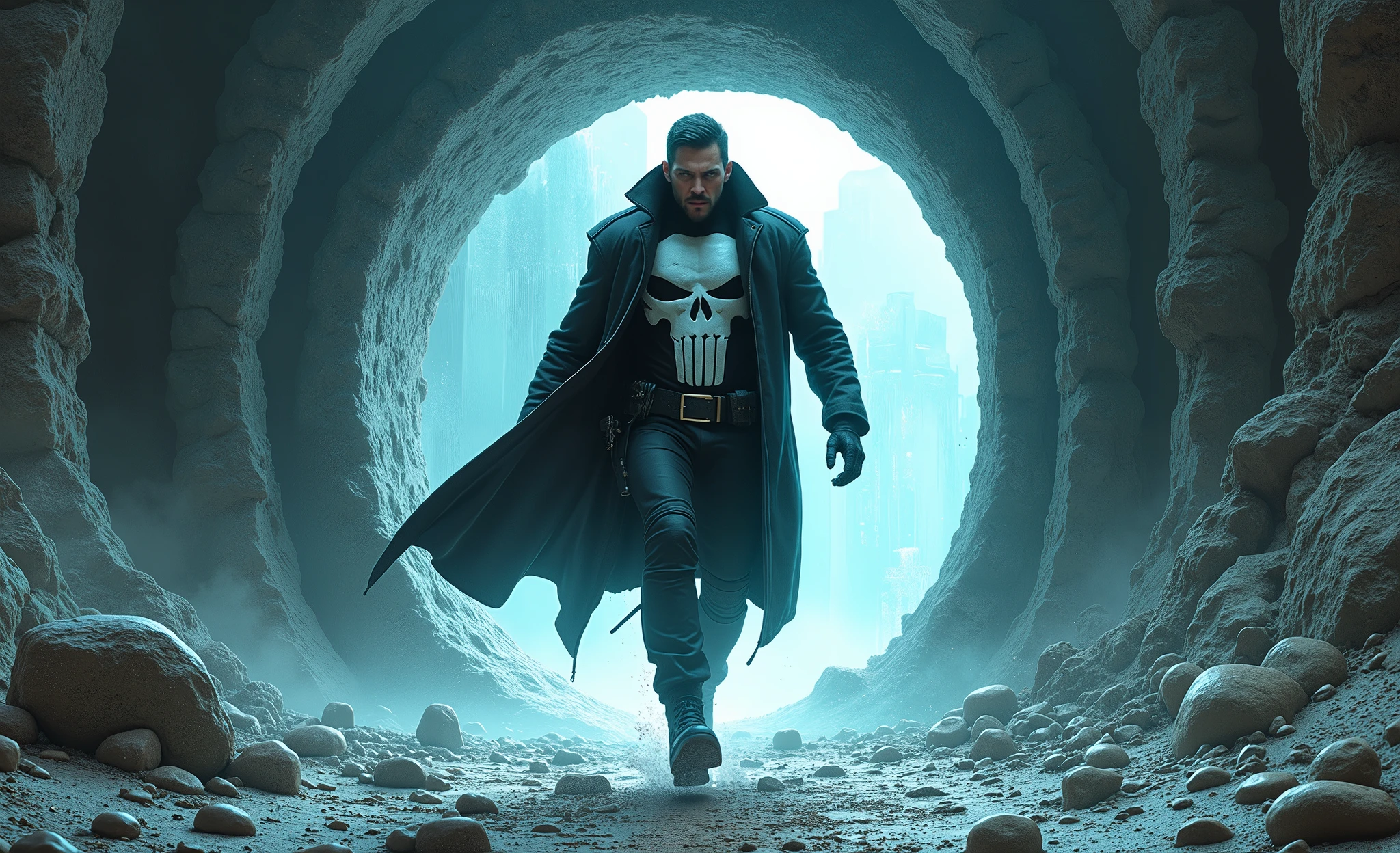 Punisher jumping through a portal, sfumato, polaroid, wormcore, cover art for wargame, technocybernetics, a gothic image, mind-blowing detail, greatly detailed, line art, small pebbles scene, mesozoic era, 1990s era, contre-jour lighting, gloomy lighting, mechanical parts, psycho mechanical, a pin up portrait, a full length portrait, mandelbox scene, kaleidoscope scene, transistorpunk, a religious sci-fi, Artwork by Saul Tepper, Artwork by Hiroshi Takashige, cosmicwave scene, spiritwave scene