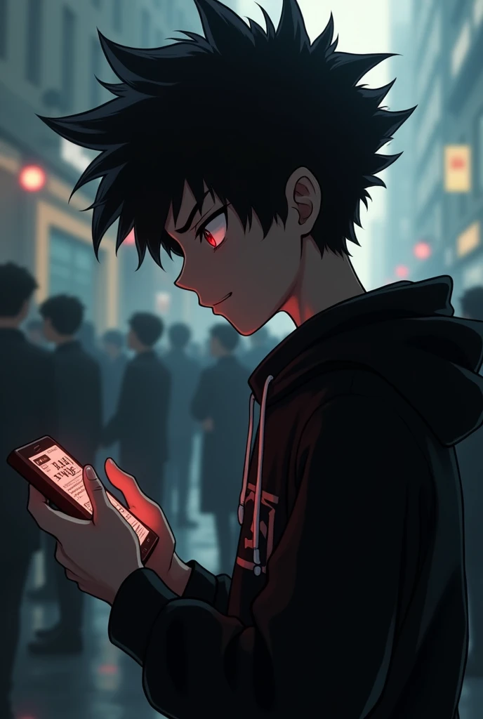 boy , Spiky hair , black hair , black hoodie , blood red eyes , narrowed eye , side view , using phone , crowd background
 