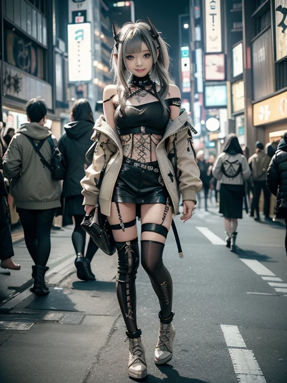 (5, 5:1.5)、(Full body image:1.2)、(Smiling with teeth showing:1.3),(Shibuya Gal:1.5)、(Beautiful gravure model:1.5)、(Neo-Goth Fashion:1.5)、(Punk rock visual kei:1.5)、(Olive and beige off-the-shoulder hoodie, Adorned with delicate silver jewelry.:1.5)、(Beige and white corset with delicate design:1.4)、(Olive and white snakeskin bodysuit:1.5)、(head band:1.3)、(Beige and olive knee socks:1.4)、Embellished collar and long boots、(I'm Snake print underwear for sale.:1.4)、(Long eyelashes:1.3)、(20-year-old)、((Highest quality、8k、masterpiece:1.3))、Slim and beautiful abs:1.3、(Hairstyle Casual、Beautiful boobs:1.1)、(Doing an aerobics pose:1.3)、dress:1.1、Super small face、Narrow eyes、double eyelid、A sloppy smile、Full Body Evian、Dynamic Angle、close、CPL Filter、Blurred Background、Bokeh、Blue Hour、Detailed face and skin texture、Detailed eyes、,(Twin tails:1.3)、(Black brown hair:1.3)、Idol Sculpture、(The background is a bright and glamorous fashion show stage..:1.3)、(Slimming your legs:1.4)、(The body is slim:1.3)、(clavicle:1.1)