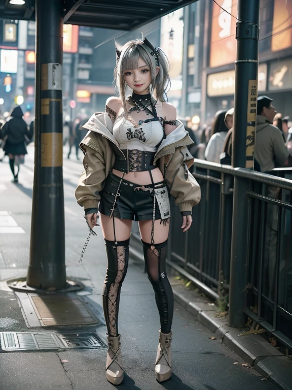 (5, 5:1.5)、(Full body image:1.2)、(Smiling with teeth showing:1.3),(Shibuya Gal:1.5)、(Beautiful gravure model:1.5)、(Neo-Goth Fashion:1.5)、(Punk rock visual kei:1.5)、(Olive and beige off-the-shoulder hoodie, Adorned with delicate silver jewelry.:1.5)、(Beige and white corset with delicate design:1.4)、(Olive and white snakeskin bodysuit:1.5)、(head band:1.3)、(Beige and olive knee socks:1.4)、Embellished collar and long boots、(I'm Snake print underwear for sale.:1.4)、(Long eyelashes:1.3)、(20-year-old)、((Highest quality、8k、masterpiece:1.3))、Slim and beautiful abs:1.3、(Hairstyle Casual、Beautiful boobs:1.1)、(Doing an aerobics pose:1.3)、dress:1.1、Super small face、Narrow eyes、double eyelid、A sloppy smile、Full Body Evian、Dynamic Angle、close、CPL Filter、Blurred Background、Bokeh、Blue Hour、Detailed face and skin texture、Detailed eyes、,(Twin tails:1.3)、(Black brown hair:1.3)、Idol Sculpture、(The background is a bright and glamorous fashion show stage..:1.3)、(Slimming your legs:1.4)、(The body is slim:1.3)、(clavicle:1.1)