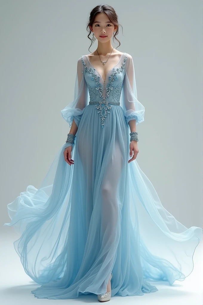 A long flowing dress, the fabric should be light and comfortable, such as silk or chiffon, to give the outfit a gentle and graceful movement. A sweet or V-neck that is not too low adds elegance and neatness while looking gentle and not too flashy. Long or three-quarter sleeves make it look polite and appropriate for formal events, adding elegance and a sense of lightness. This outfit is available in light blue or silver, reflecting the peace and purity of water. Add luxury by decorating with crystals or small sequins that make the outfit sparkle when hit by the light. Intricate embroidery of water droplets or water waves around the collar, sleeves, or hem adds sophistication and uniqueness to the outfit. Choose a necklace with a water drop pendant, or a necklace with a water wave pendant that complements the outfit and earrings adorned with blue or silver crystals to add luxury and complete the look. Bracelets or rings with intricate designs and adorned with blue or silver gemstones add elegance while maintaining grace and gentleness. Silver or light blue high heels.: High heels that complement the outfit, such as silver or light blue, with a simple and elegant design, suitable for walking at formal events. A shawl made of sheer chiffon fabric in a color that complements the outfit, such as light blue or silver, to add softness and elegance while making the outfit look more perfect.