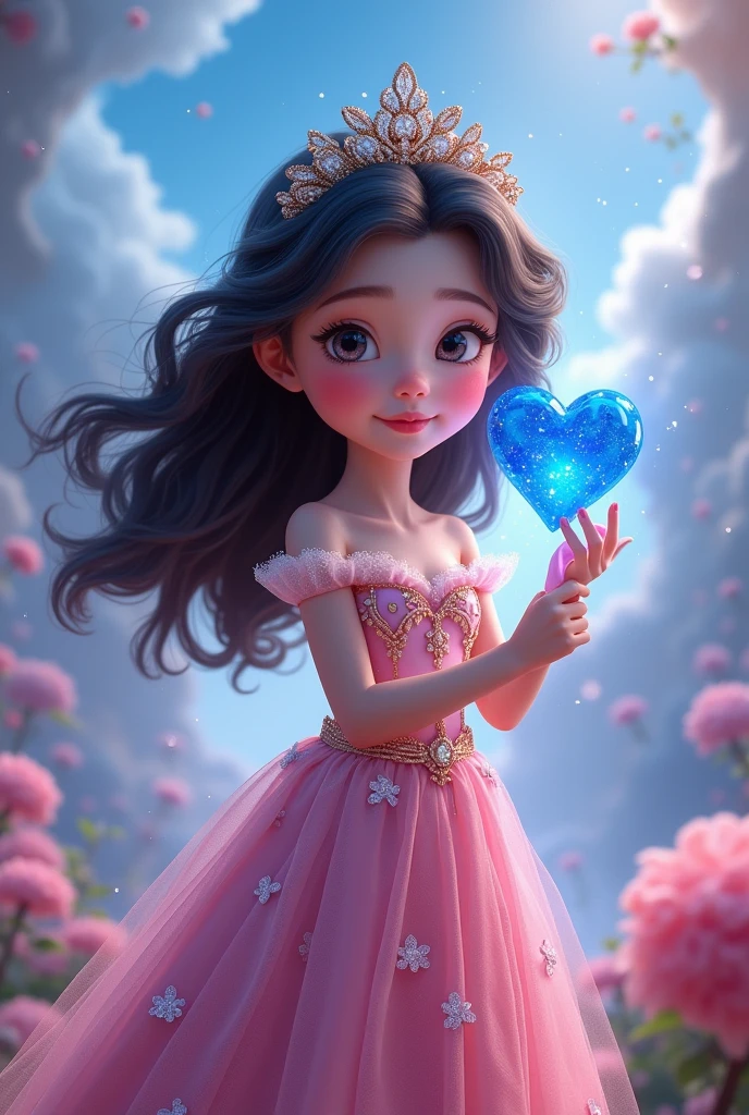 A child princess with a blue heart and a wand wearing a pink dress, Disney Pixar model 