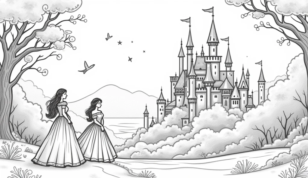 Classic fairy tale scenes in line art, including castles, princesses, dragons, fairies, and knights. The illustrations should capture the magic and wonder of stories like 'Cinderella,' 'Beauty and the Beast,' and 'Jack and the Beanstalk