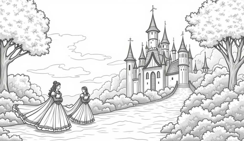 Classic fairy tale scenes in line art, including castles, princesses, dragons, fairies, and knights. The illustrations should capture the magic and wonder of stories like 'Cinderella,' 'Beauty and the Beast,' and 'Jack and the Beanstalk