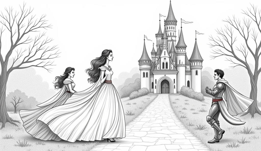 Classic fairy tale scenes in line art, including castles, princesses, dragons, fairies, and knights. The illustrations should capture the magic and wonder of stories like 'Cinderella,' 'Beauty and the Beast,' and 'Jack and the Beanstalk