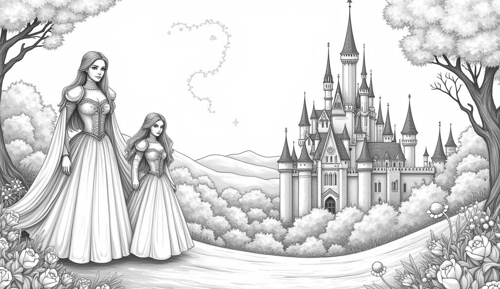 Classic fairy tale scenes in line art, including castles, princesses, dragons, fairies, and knights. The illustrations should capture the magic and wonder of stories like 'Cinderella,' 'Beauty and the Beast,' and 'Jack and the Beanstalk