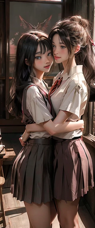 ((masterpiece、highest quality、Highest image quality、8K))、realistic skin texture、photorealistic、High resolution、Raw photo、(Perfect ??????? of the human body)、((two girls kissing、beautiful eyes looking at each other:1.2))、Charming small thin lips are shiny even without lipstick、Gorgeous brunette and blonde hair dancing in the wind、They both wear the same high school uniform.、(white blouse、crimson ribbon tie、gray pleated mini skirt)、japanese goddess、dear、Classroom illuminated by the setting sun、Photograph of two people in close contact from the front、