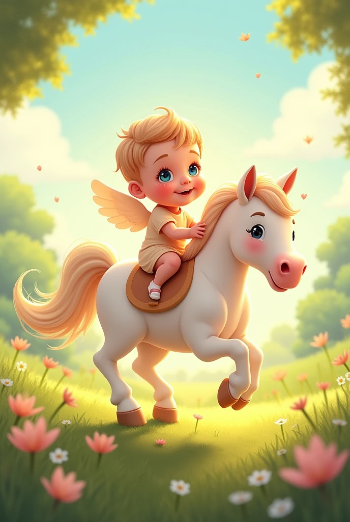 Create an illustration of a cute  riding a beautiful horse, with the name "Vivinsudhan" elegantly placed above them. The scene should be bright and whimsical, with soft, cheerful colors and a touch of magical charm