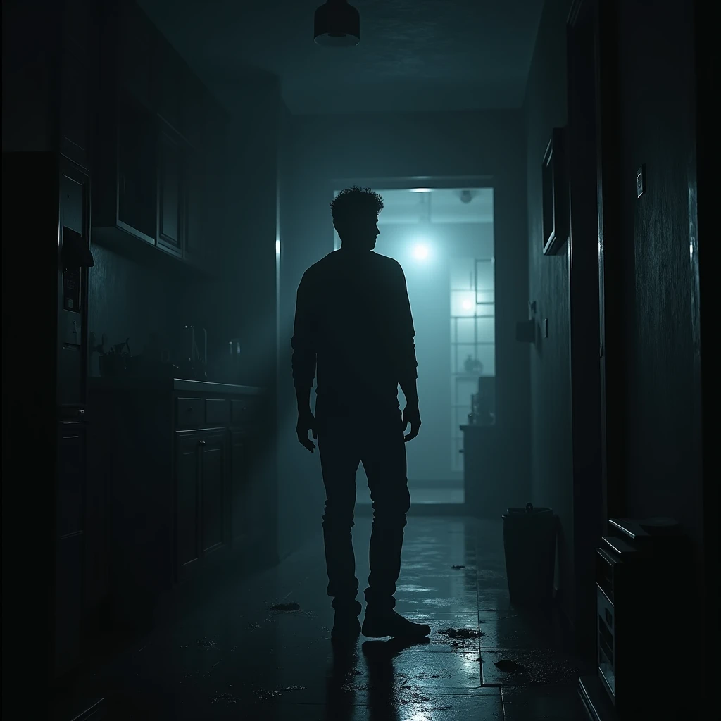 Vijay alone in his home, looking increasingly worried as strange , unexplained things start happening around him, symbolising the beginning of his cursed journey