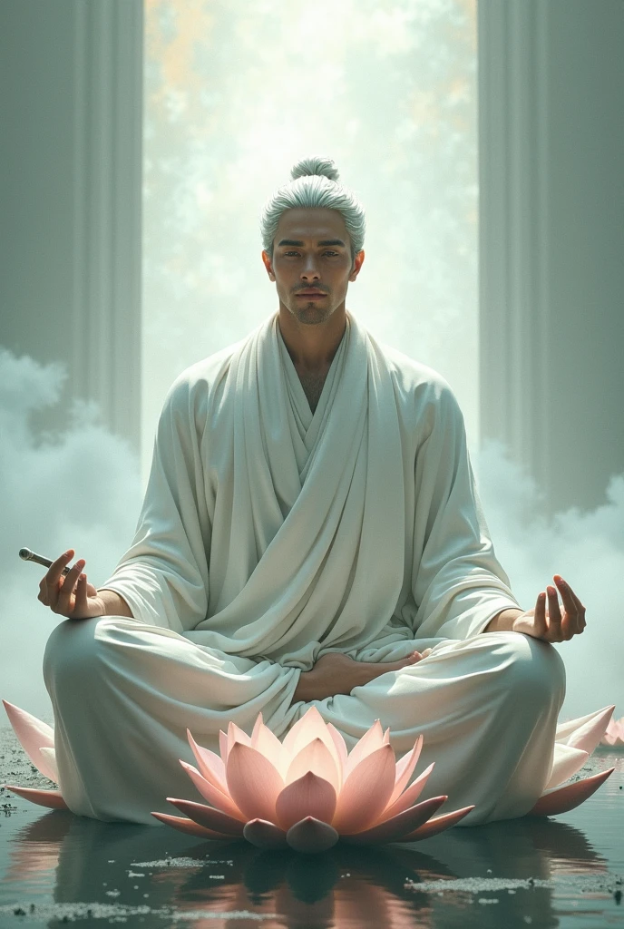 One hand stroked the sword, the other hand counted on his fingers while sitting on the lotus flower, his eyes looking at somewhere far away. A white-clothed man with silver hair sat cross-legged on the lotus flower, eight feet tall and broad-shouldered.