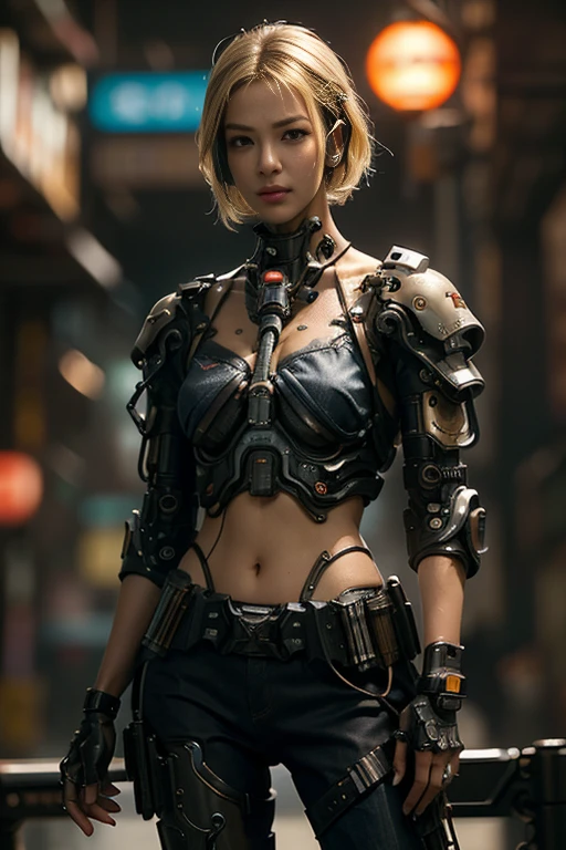 (masterpiece:1.2), Super detailed, Ultra-high resolution, (Realistic, photo Realistic:1.37), High-definition RAW color photos, Professional photos, Very delicate and beautiful, Very detailed, In detail, Large file size, Very detailed beautiful girl, Very detailed face, Very detailed eyes, Very detailed skin, Very detailed nose, Very detailed mouth, Perfect Anatomy, Very detailed背景, Glowing Skin, (Famous Japanese actresses:1.3), (Improve:1.25), Flat Chest, (Brown people, Dark Skin, Blonde), (Very short hair), Cinema Lighting, (Any pose:1.6), Cowboy Shot, Denim pants, (Cyberpunk City:1.45), avert your eyes, Urban Tech Wear, Costume,