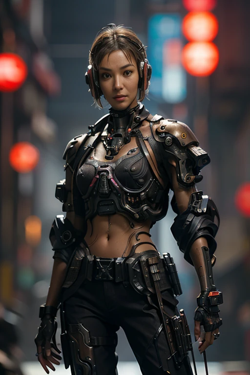 (masterpiece:1.2), Super detailed, Ultra-high resolution, (Realistic, photo Realistic:1.37), High-definition RAW color photos, Professional photos, Very delicate and beautiful, Very detailed, In detail, Large file size, Very detailed beautiful girl, Very detailed face, Very detailed eyes, Very detailed skin, Very detailed nose, Very detailed mouth, Perfect Anatomy, Very detailed背景, Glowing Skin, (Famous Japanese actresses:1.3), (Improve:1.25), Flat Chest, (Brown people, Dark Skin, Blonde), (Very short hair), Cinema Lighting, (Any pose:1.6), Cowboy Shot, Denim pants, (Cyberpunk City:1.45), avert your eyes, Urban Tech Wear, Costume,