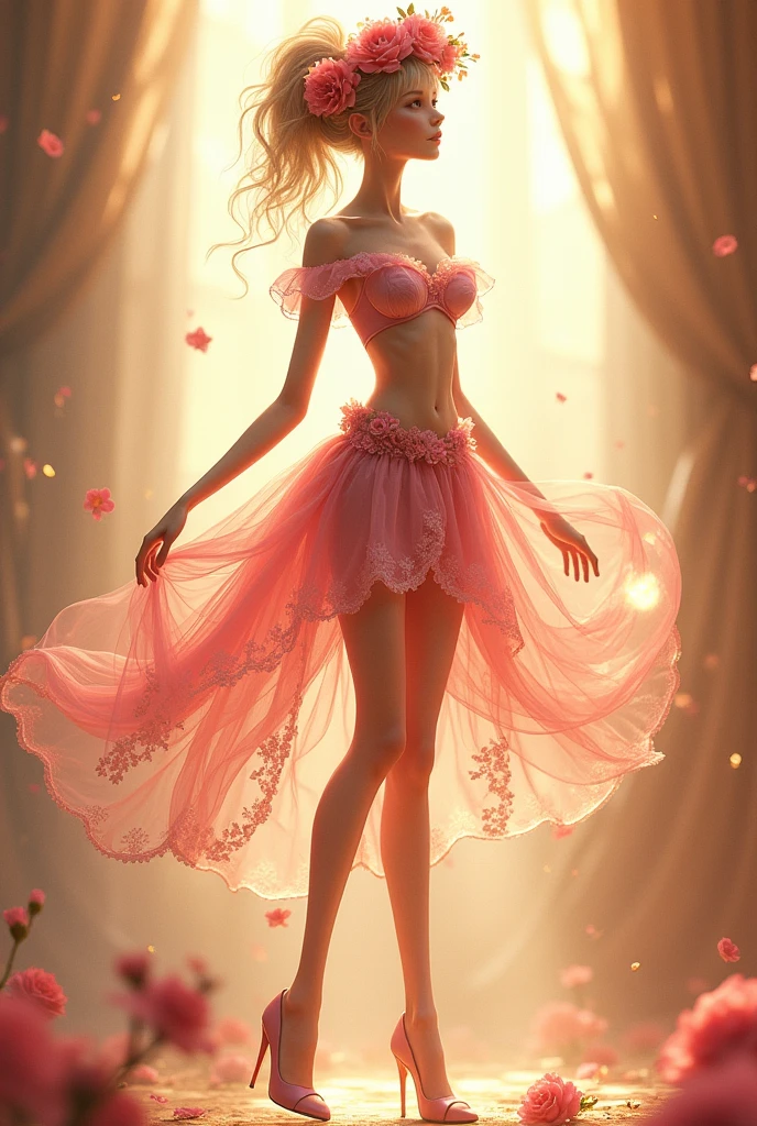 A glamorous ballet dancer, Full peach style, stylized anatomical, dance pose, Complete definition of cameltoe, hyper sexualized, theatrical scene, Active lighting, Super soft light shines all around you, full freckles, Huge light green eyes, Hyper delicate perverted smile, Hyper provocative, revealing erect nipples, pubic-hair, Hypertransparent clothing, Hyper Cameltoe, maximum resolution, hyper realist, very tiny waist, pink roses around, bubbles and butterflies around you, wonderful rays of sun, Complete seducer, redheadwear, hyper thick lips, full of glamor, beautiful balerina tutu suit, hyper full body image