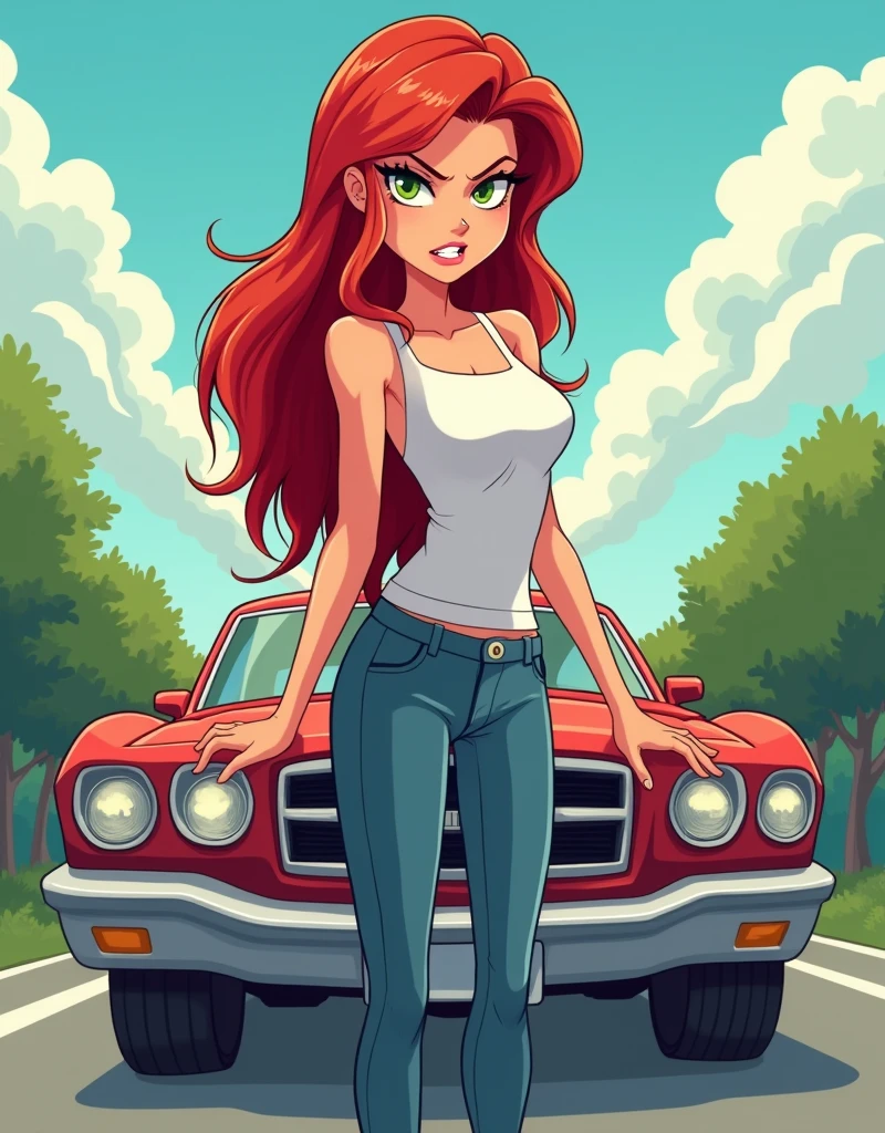 Cartoon Style,A red-haired beauty stands in the middle of the road holding a car with an angry expression