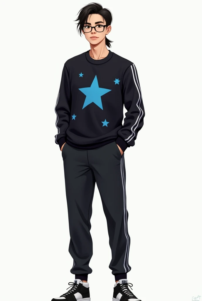 A young white adult(naughty man) de 1,60 at 1, with short ponytail hair, wears black glasses, wears a black blouse with a blue star print, His pants are black with white stripes on the vertical sides and he wears black and white Jordans.