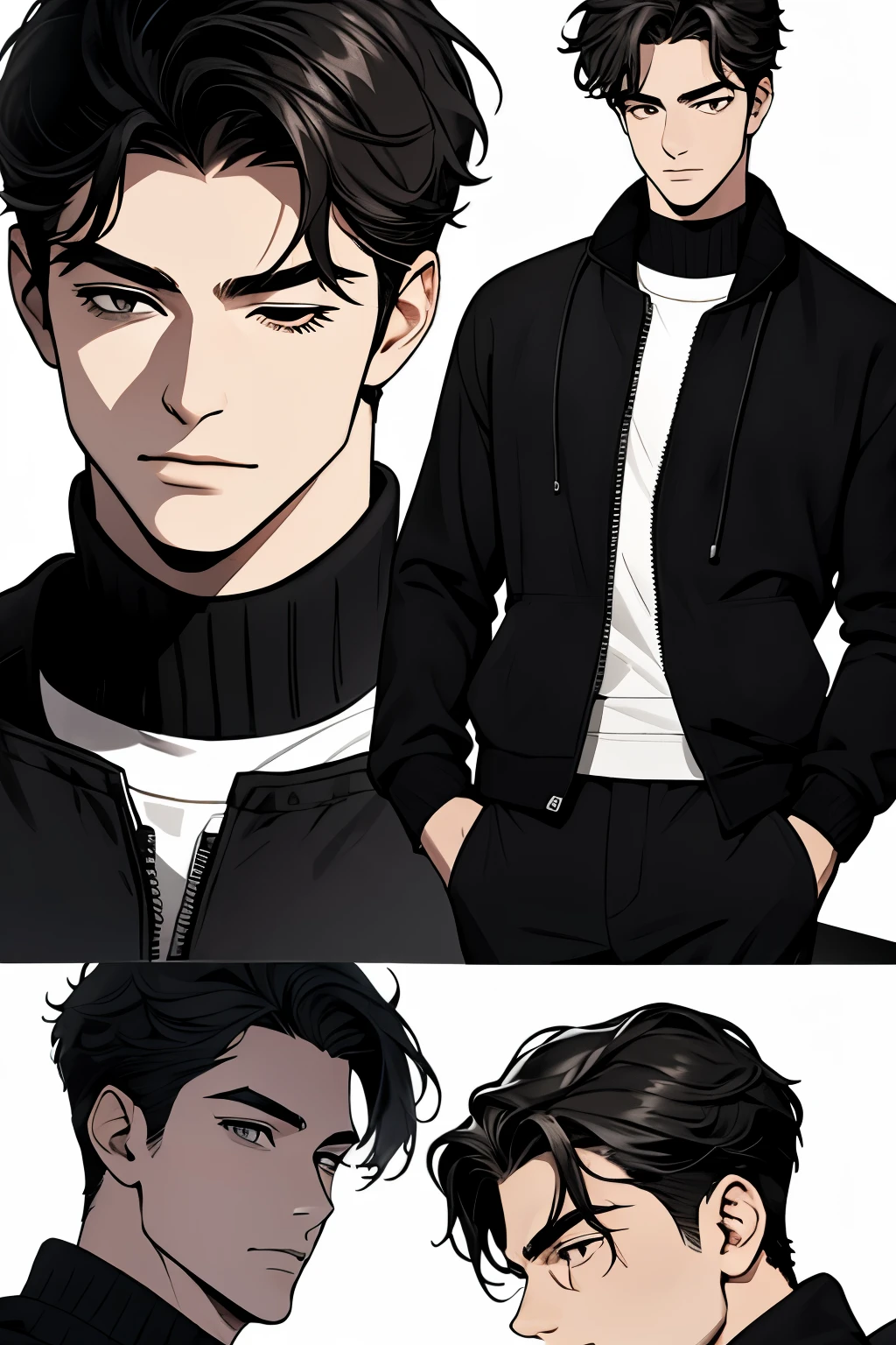 Handsome male in his 20s with black hair smiling, eyes closed, black tracksuit, clapping, character sheet, fighting pose