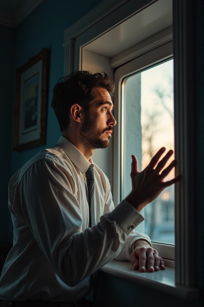 A man looking throughout the window and look shock IN ANIMATED