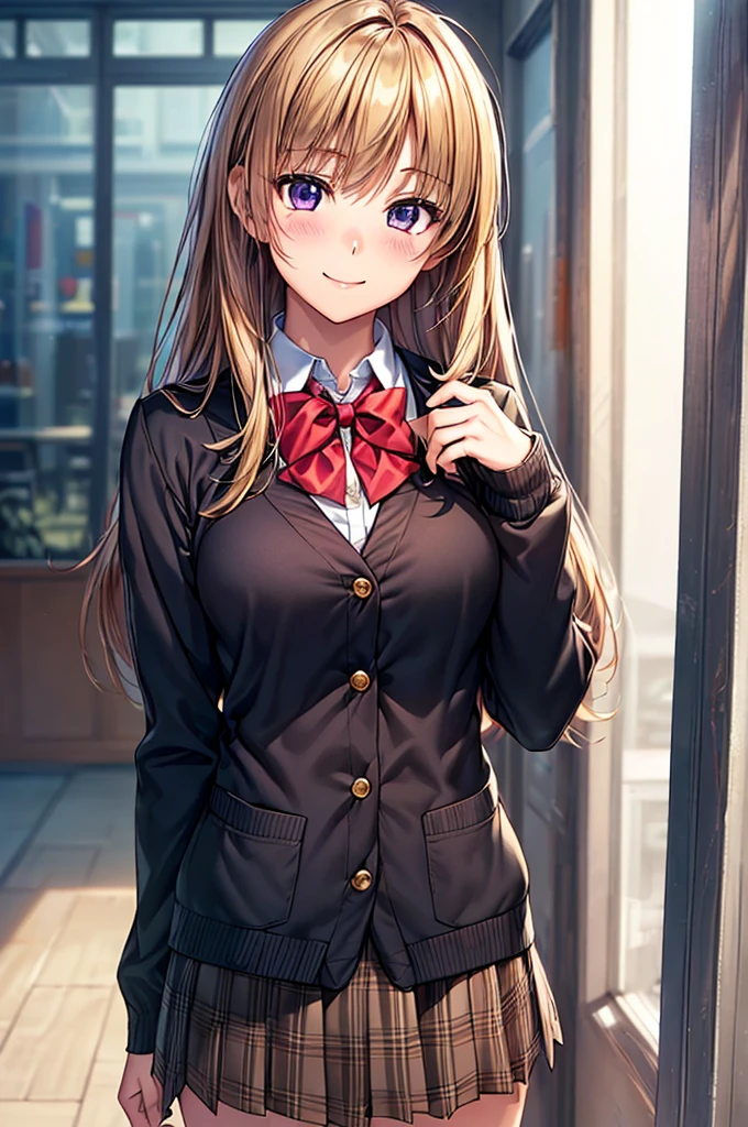 ((Masterpiece, Highest quality, High resolution, Hyper HD, Pixel perfect, Depth of written boundary, 4K, RTTX 10.0, High resolution))), One beautiful person:High school girls, single, alone, Beautiful Hair, Beautiful Face, Beautiful attention to detail, Beautiful clavicle, Beautiful body, Beautiful breasts, Beautiful thighs, Beautiful feet, Beautiful fingers,Beautiful Anime, Beautiful art style, Anime Figures, ((Long Hair:1.5, Straight hair:1.4, Light brown hair、Swept-apart bangs)), ((Purple eyes, Round eyes, Beautiful eyelashes, Realistic eyes)), ((詳細なBeautiful Face, blush:1.2)), ((Smooth texture:0.75, Realistic texture:0.65, Realistic:1.1, Anime CG style)), Medium chest, Dynamic Angle, Perfect body, ((Red bow tie, school uniform, Black jacket, Open jacket, Brown cardigan, White shirt, Black Skirt, Checked skirt)), smile,School、