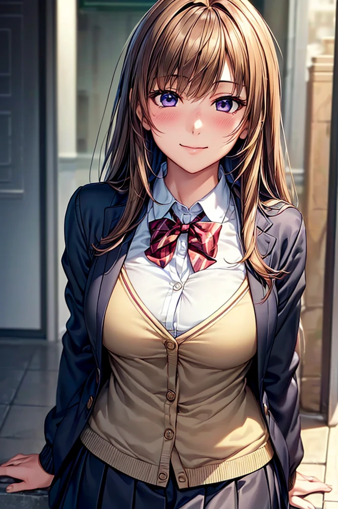 ((Masterpiece, Highest quality, High resolution, Hyper HD, Pixel perfect, Depth of written boundary, 4K, RTTX 10.0, High resolution))), One beautiful person:High school girls, single, alone, Beautiful Hair, Beautiful Face, Beautiful attention to detail, Beautiful clavicle, Beautiful body, Beautiful breasts, Beautiful thighs, Beautiful feet, Beautiful fingers,Beautiful Anime, Beautiful art style, Anime Figures, ((Long Hair:1.5, Straight hair:1.4, Light brown hair、Swept-apart bangs)), ((Purple eyes, Round eyes, Beautiful eyelashes, Realistic eyes)), ((詳細なBeautiful Face, blush:1.2)), ((Smooth texture:0.75, Realistic texture:0.65, Realistic:1.1, Anime CG style)), Medium chest, Dynamic Angle, Perfect body, ((Red bow tie, school uniform, Black jacket, Open jacket, Brown cardigan, White shirt, Black Skirt, Checked skirt)), smile,School、