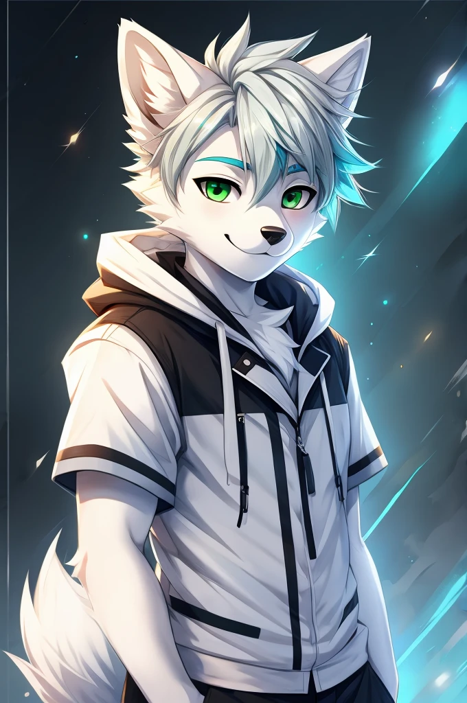 furry arctic fox femboy, with clothes, fluffly, white hair with blue tips, green eyes, slightly gray hair