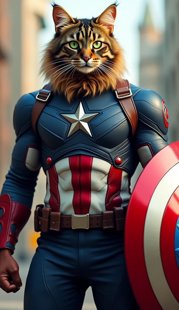 Captain America stands heroically, his muscular physique and star-spangled costume gleaming in the bright sunlight. His iconic shield rests against his leg, as he confidently gazes out at the viewer. But upon closer inspection, it's clear that beneath his patriotic façade lies the visage of a majestic Maine Coon cat - piercing green eyes, soft whiskers framing a chiseled jawline, and a gentle furrowed brow giving away to a mischievous glint. The cat's ears perk up, as if listening for whispers of adventure and danger, while Captain America's powerful physique remains at the ready, poised to defend the world from threats both human and feline.
