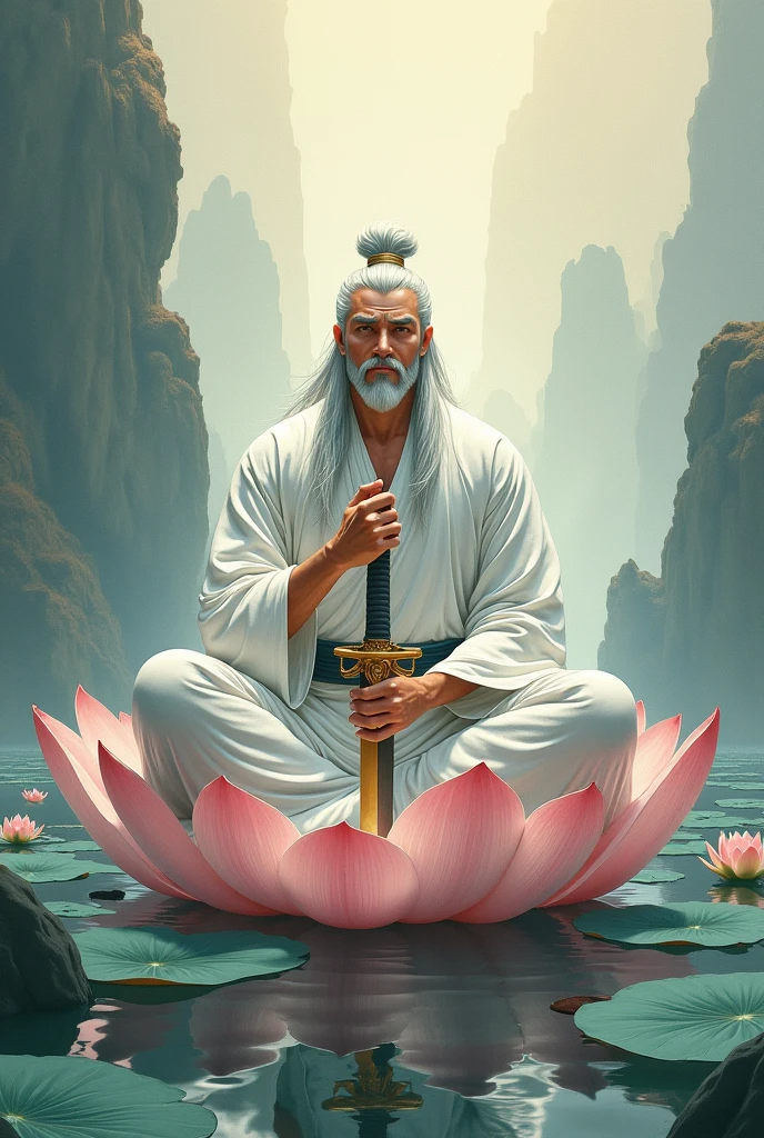 One hand stroked the sword, the other hand counted on his fingers while sitting on the lotus flower, his eyes looking at somewhere far away. A white-clothed man with silver hair sat cross-legged on the lotus flower, eight feet tall and broad-shouldered. (ancient chinese style