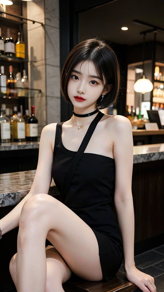 delicate,masterpiece,beautiful details,very colorful,exquisite details,delicate lips,the details are complicated,natural D cup breasts,one woman,(Beautiful 20 year old cute Korean woman:1.1),(South Korean K-pop idols),(50mm sigma f /1.4 Zeiss lenses, f1.4, 1/800s, ISO 100, picture:1.1), (black short hair:1.6), (realistic:1.4), (spy:1.2), (flesh colored pantyhose 1.1), (Minidress, christian dior\(trademark\),:1.3), earring,choker necklace,bracelet,(선bar,bar:1.2),(beautifulleg : 1.4),,(high heel : 1.3),thin,slim_leg,femur_gap,Model:1.2),lens flare,seen from the front, a little smile, hospitality,Hosting,(to put on make up:1.1),Leaning on the bar stool,