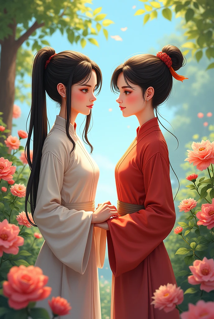 1; The Councilor's hair was tied up high, while hers was in a ponytail.. Ngắn, and pretty roof For the style to see her arrogant but only loving look to her,
Nàng thì ngây thơ vui tươi, but not without seriousness.
The scene is in the flower garden of the council house. Pure Vietnamese wearing Ao Ba Ba and Ao Dai.