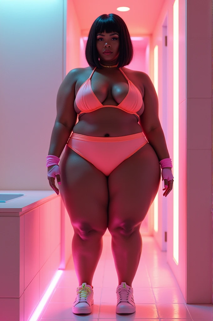 MASSIVE ASS, RAW, IMMENSE BUTTOCKS paired perfectly with world's 🌎 tiniest waist, DSLR, dark skin melanin, translucent couture, (coral) leggings, spa room, Vaporwave, hyper realistic skin, swanky pixie cut bob hair, six pack abs, UHD, pastel fingerless gloves bodysuit hood, fine details, neon adidas shoes, no nsfw 