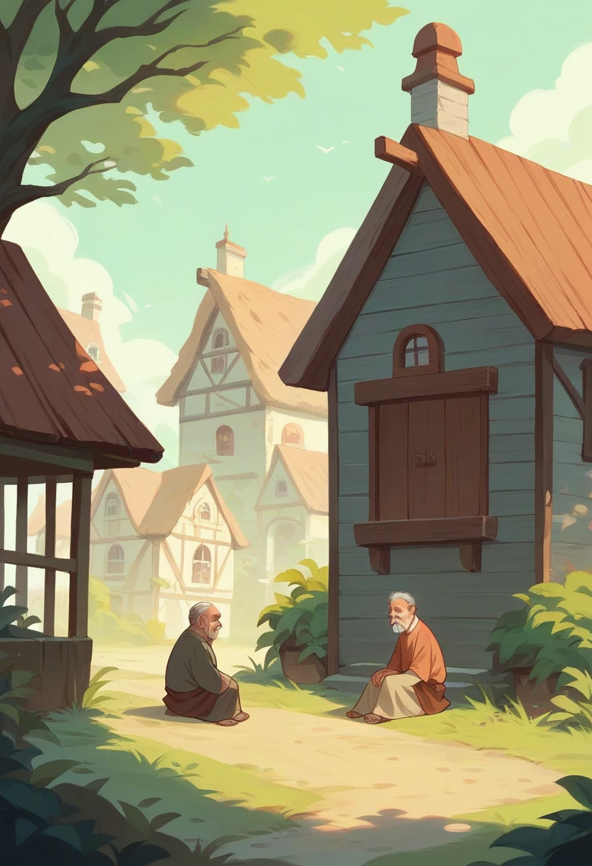 A small, peaceful village at dusk, with a modest wooden house. In front of the house, a wise old man with a long beard, wearing simple robes, sits on a bench. Villagers, both young and old, pass by, bowing their heads in respect.
