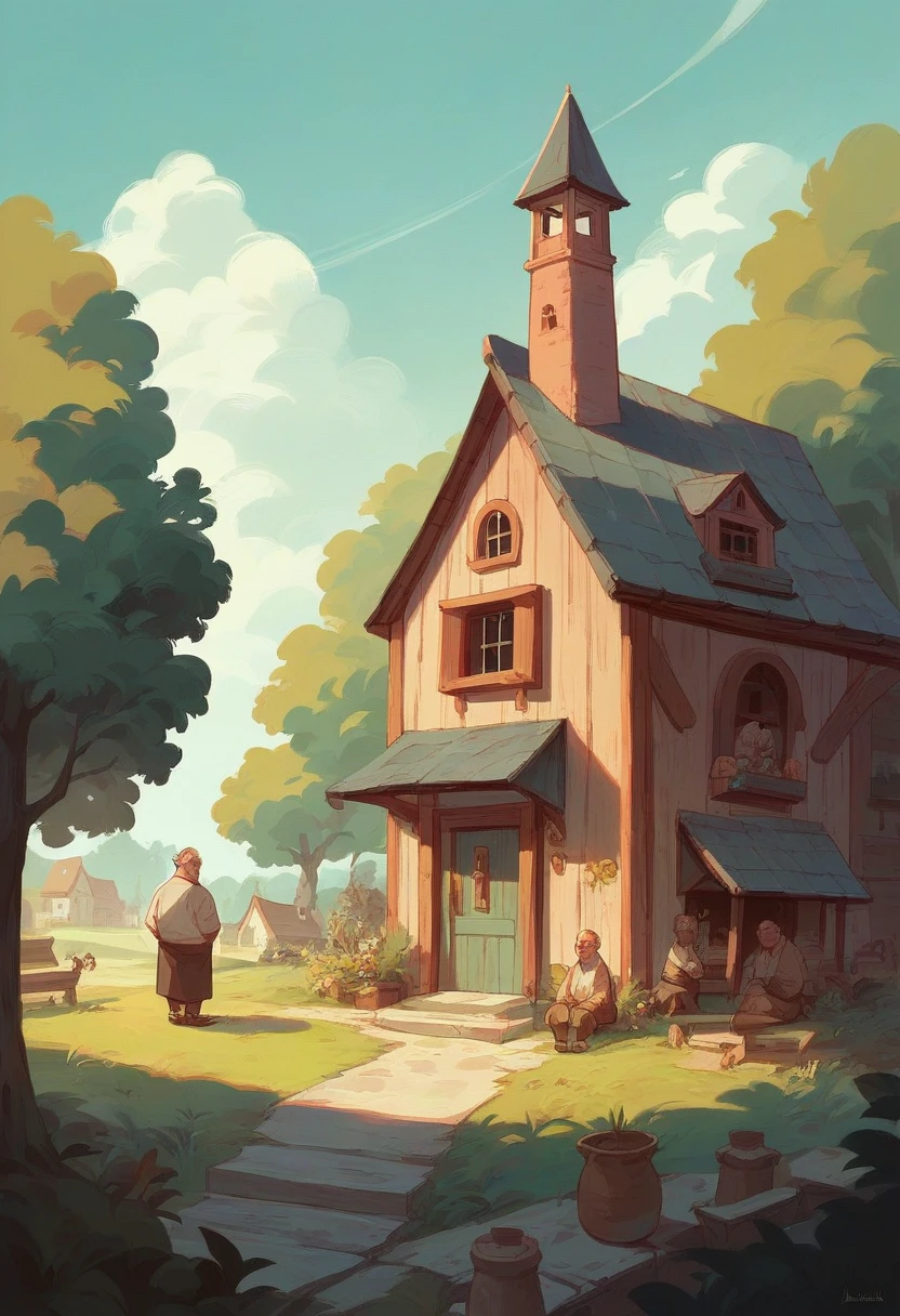 A small, peaceful village at dusk, with a modest wooden house. In front of the house, a wise old man with a long beard, wearing simple robes, sits on a bench. Villagers, both young and old, pass by, bowing their heads in respect.