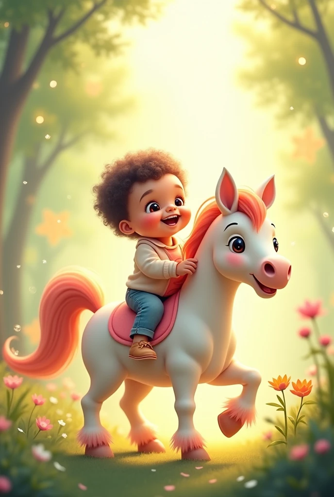 Create an illustration of a cute baby riding a beautiful horse, with the name "Vivinsudhan" elegantly placed them. The scene should be bright and whimsical, with soft, cheerful colors and a touch of magical charm