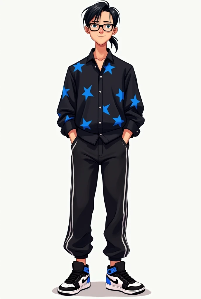 A young white adult(naughty man) de 1,60 at 1, with short ponytail hair, wears black glasses, wears a black blouse with a blue star print, His pants are black with white stripes on the vertical sides and he wears black and white Jordans.