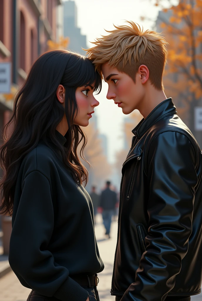 Kayla et Joshua sont debout face à face dans un cadre urbain, comme un campus universitaire. Kayla, avec son look rebelle, porte un large pull noir qui contraste avec sa peau blanche et ses cheveux noirs. Son expression est intense, ses yeux marron fixant Joshua avec défi. Joshua, lui, est vêtu d'un blouson en cuir noir, renforçant son image de "bad boy" populaire. Il a des cheveux blonds/châtains légèrement ébouriffés et des yeux verts/bleus qui pétillent de malice. Les deux sont proches l'un de l'autre, créant une tension palpable, comme s'ils étaient sur le point de se confronter. Le fond est flou, mettant en avant leur connexion électrique, et les couleurs sont sobres pour faire ressortir l'intensité de leur échange. Version pixar 2d