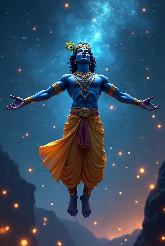 cool cinematic animated character art, dark silhouette of a young handsome man dressed as lord krishna floating in air, strong physique, golden armour, open arms, blue coloured skin, a peacock feather in hair, blissful expression, 'glowing eyes' , wearing yellow dhoti, galaxy, night, glowing fireflies in atmosphere, darkness in atmosphere, colour graded, vibrant, 4khd